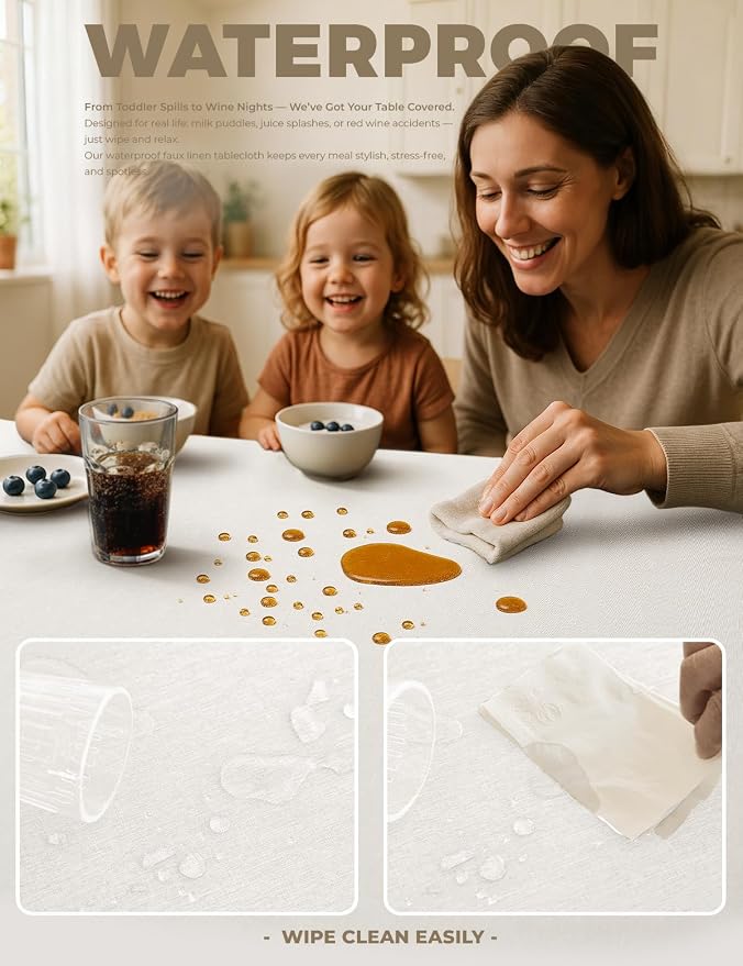 Decorelia Faux Linen Farmhouse Table Cloth 60"x104" for 6 ft Rectangle Table, Ivory Waterproof Outdoor Washable Cloth Tablecloth for Rectangular Dining Room Kitchen Outdoor Party Restaurant Decor