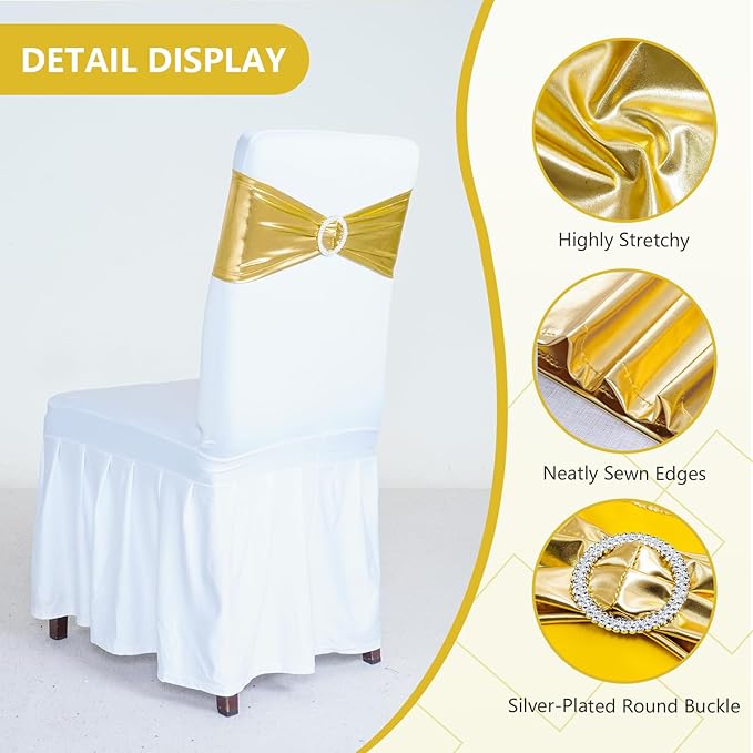 SquarePie 100 PCS Metallic Gold Spandex Chair Sashes - Shiny Stretch Bows with Buckle Slider - No-Tie Universal Elastic Chair Bands for Wedding Reception Party Banquet Event