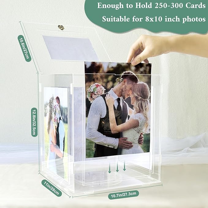 Acrylic Wedding Card Box with Picture Frame, Clear Gift Card Box for Wedding Reception, Large Rotatable Money Envelope Card Box Holder with Lock for Graduation Party Birthday Baby Shower