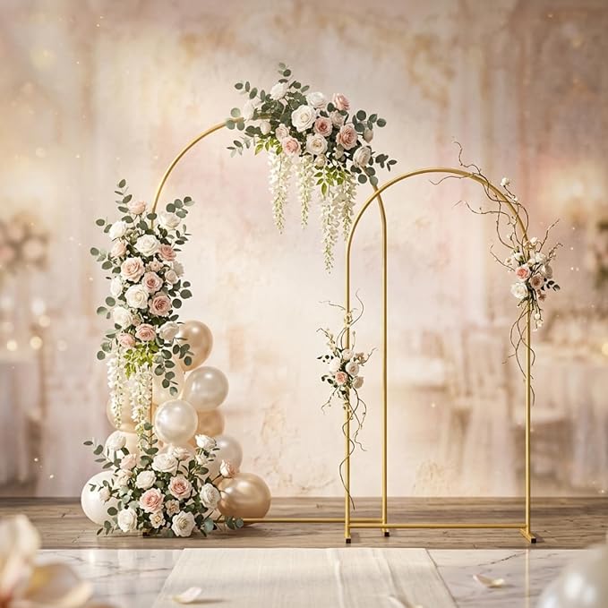 Gold Metal Wedding Arch Backdrop Stands Set of 2 (7.2FT & 6FT), Metal Square Balloon Arch Frame for Birthday Party, Ceremony, Baby Shower