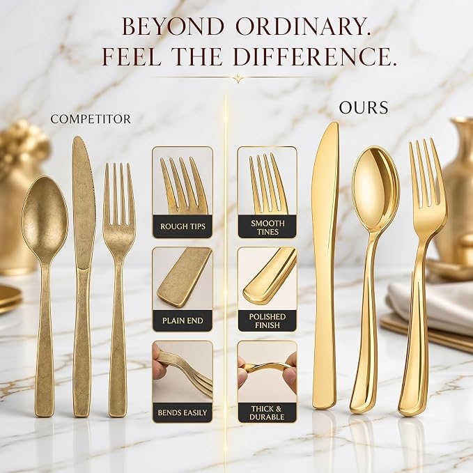 WDF 180 Count Gold Plastic Silverware Set - Heavy Duty Disposable Cutlery (60 Forks, 60 Knives, 60 Spoons) - BPA-Free Gold Flatware for Wedding, Party, Baby Shower, Thanksgiving