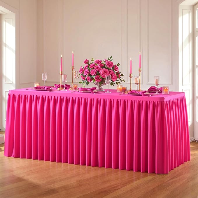 Red Polyester Table Cloths for Rectangle 4 Foot Tables, 1 Pack Wrinkle Free Tablecloths Stretchy Banquet Ruffle Fitted Table Cover Desk Skirt for Parties Wedding Birthday Baby Shower