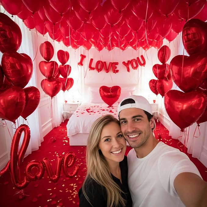 I Love You Balloons red romantic balloon kit with red heart I LOVE YOU mylar balloons red rose petals for hotel Dec orations decorations Valentines Party wedding anniversary supplies