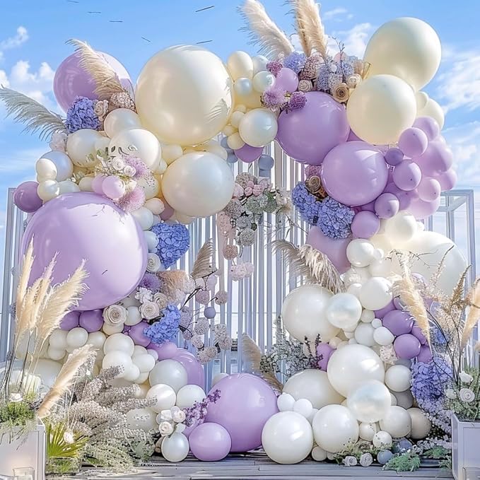 Pastel Purple White Balloon Garland - Double Stuffed Lavender Light Purple Cream Balloon Arch Kit Pearl Lilac White Ivory Color for Birthday Baby Shower Bridal Wedding Butterfly Fairy Party Decor
