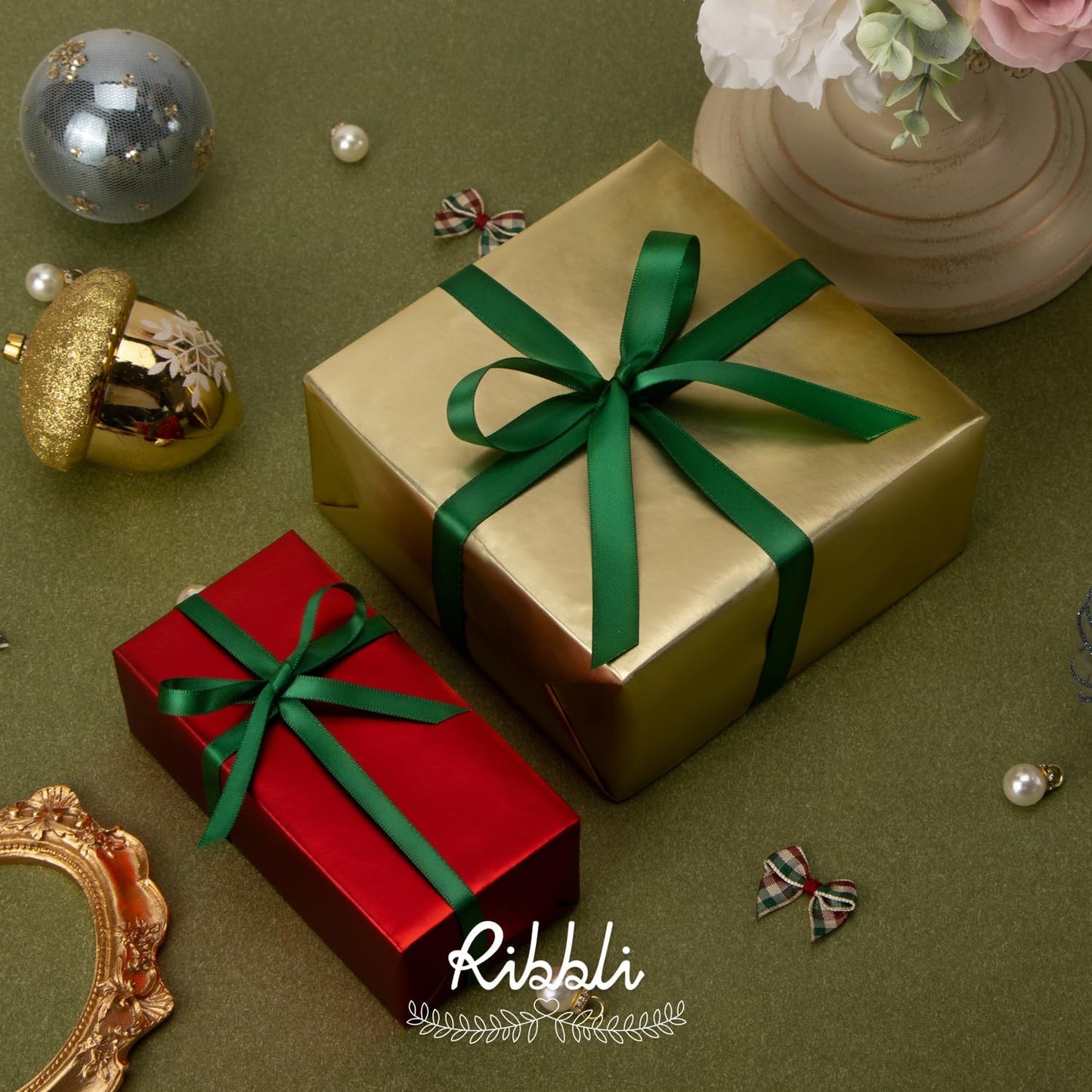 Ribbli Forest Green Double Faced Satin Ribbon,1/2 Inch x Continuous 25 Yards,Use for Craft Bows Bouquet, Gift Wrapping, Wedding Decoration, Floral Arrangement