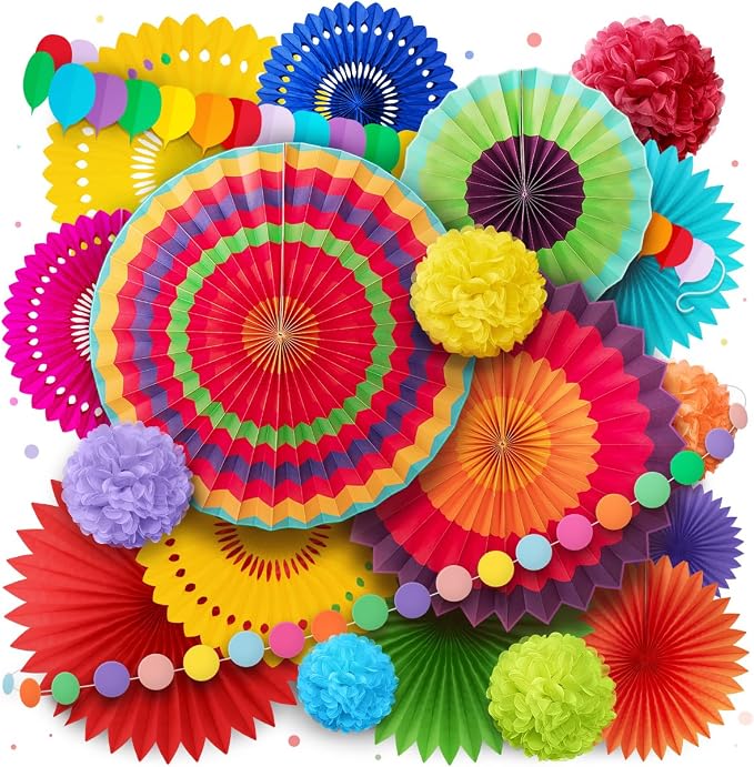 Mexican Fiesta Party Decorations - Colorful Paper Fans for Birthdays, Baby Showers, Cinco de Mayo, Festivals, Taco Decor Themes, and Congratulations Decorations - Mexican Party Decor by Avoseta