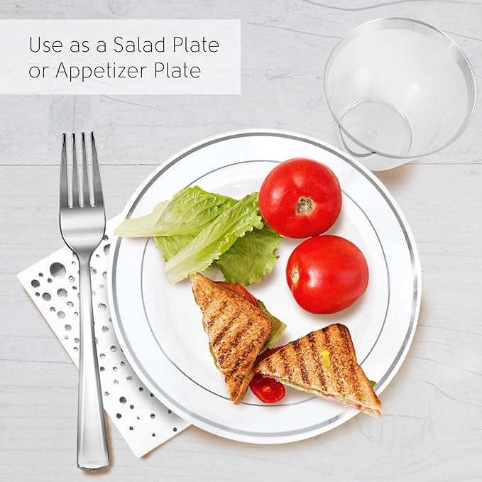 Stylish 7.5 Inch White and Silver Plastic Plates, Disposable Forks, Cups and Cocktail Napkins (100 Set), Silver Dessert Plates, Small Appetizer Plates, Disposable Cake Plates for Wedding Reception