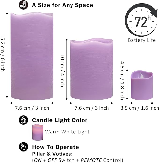 FURORA LIGHTING Purple Flameless Candles, 8-Pack Set with Remote & Timer | Includes 4 pillars and 4 votives. Creates a calming, rich purple mood glow perfect for meditation and bohemian home decor.