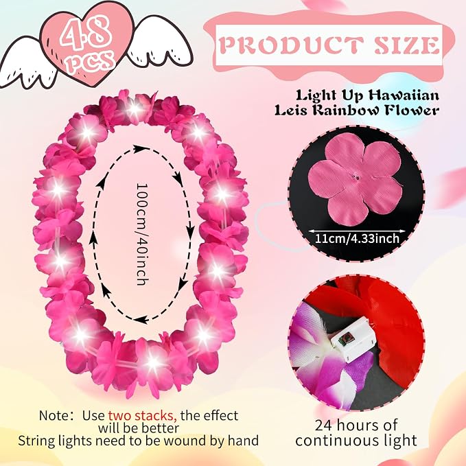 Sherr 48 Pcs LED Hawaiian Leis Light up Flower Leis Necklace with LED Lights Luau Flowers Necklaces for Masquerade Beach Wedding Tropical Themed Party Supplies (Rose Pink)