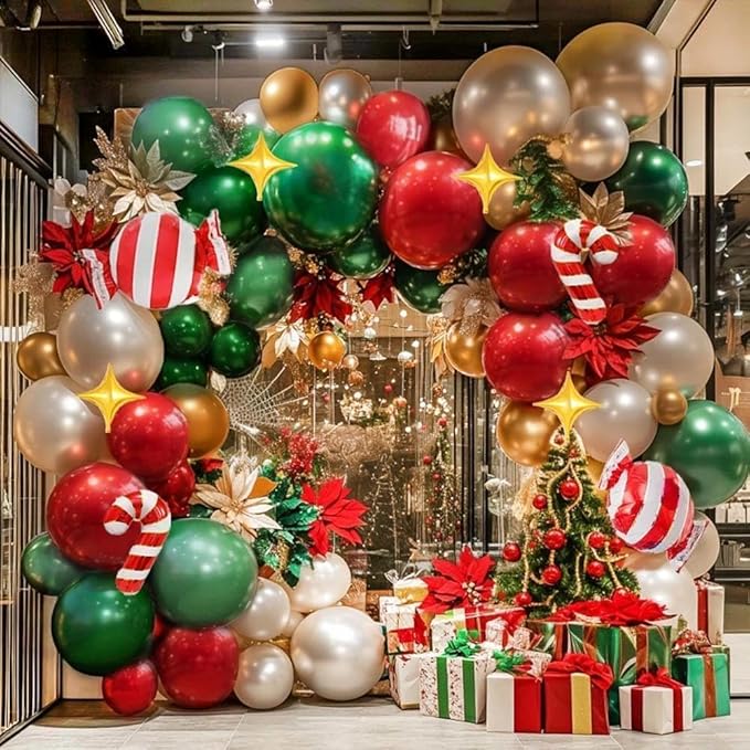 Christmas Red and Green Balloon Garland Arch Kit Pearl White Gold Foil Candy Cane Balloons With Gold 4-Point Star Balloons For Christmas Party Decorations
