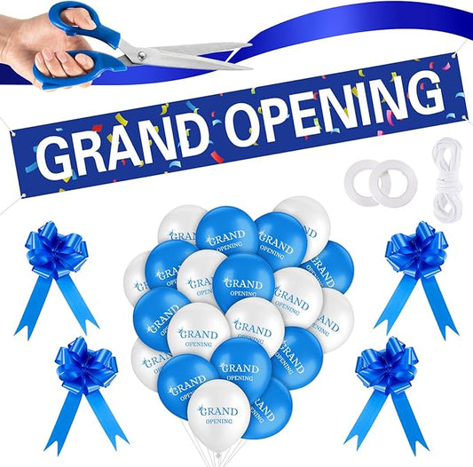 Grand Opening Ribbon Cutting Ceremony Kit Grand Opening Banner Decorations with 10'' Scissors 40 Pcs Balloons Satin Ribbon Bows and More Supplies for Business Events(Blue)