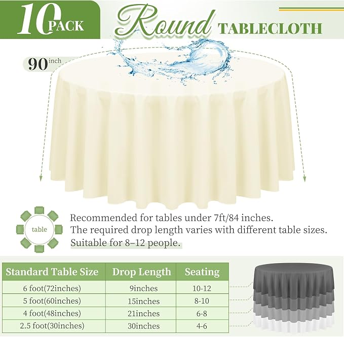 Pesonlook 10 Pack Beige Round Tablecloth 90 Inch, Waterproof Polyester Fabric Table Cloth for Round Tables, Stain Wrinkle Resistant Tablecloths Washable Table Cover for Wedding Dining Party Banquet