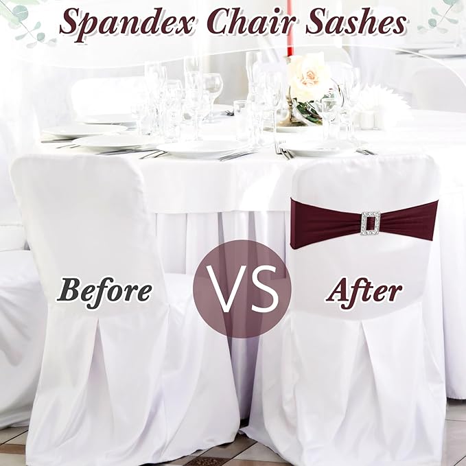 VitalCozy 150 Pcs Spandex Chair Sashes with Square Buckle Slider Stretch Chair Cover Band Universal Elastic Ties Straps Bows for Wedding Banquet Event Party Decoration(Burgundy)