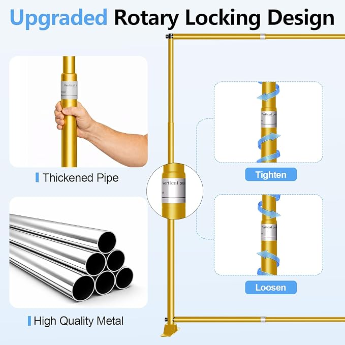 10 x 8FT Backdrop Banner Stand, Heavy Duty Adjustable Photo Background Support Frame Kit, Step and Repeat Stand for Photo Booth, Parties, Exhibition, Trade Show, Wedding - Gold