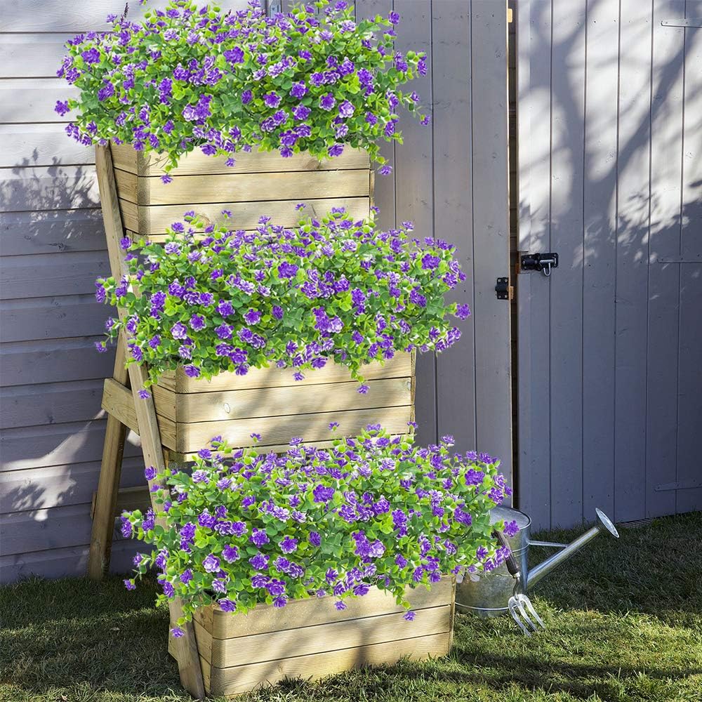 10 Bundles Artificial Fake Flowers, Faux Outdoor Plastic Plants UV Resistant Shrubs Outside Indoor Decorations (Blue-Eucalyptus)