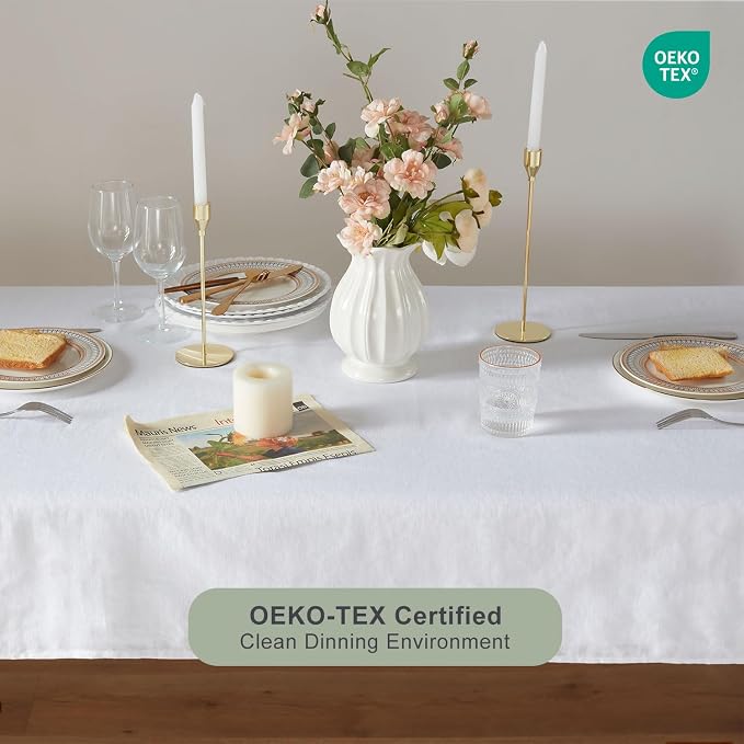 TOSMO 100% French Linen Tablecloth, Washable Farmhouse Rectangle Table Cloth for Kitchen, Dining, Party, Cocktail, Indoor and Outdoor Daily Use(60''x84'',White)