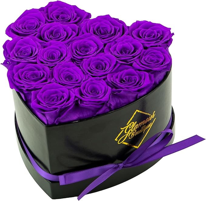 GLAMOUR BOUTIQUE 16 Flower Forever Heart Shape Box, Mothers Day Gift For Mom, Eternal Preserved Roses Gift for Her, Flowers bouquet, For Birthday, Anniversary, Girlfriend - Purple (Color-Treated)