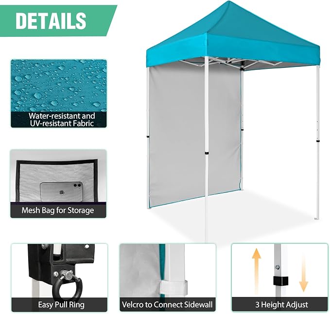 5x5 Pop Up Canopy Tent with One Sidewall, Instant Portable Beach Canopy, Outdoor Tent with Carry Bag for Camping, Sports, Tailgating, Events, Turquoise