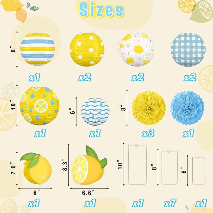 Renbuzhu 15PCS Summer Lemon Party Decorations Paper Lanterns Pom Poms Hanging Swirls Yellow Blue Theme Lemonade Stand Italian Decor for Birthday Home Backyard Indoor Outdoor