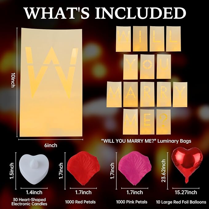 Will You Marry Me Decorations – Romantic Setup Kit with Light Up Letters, 30 Tea Light Candles, 2000 Rose Petals, 10 Balloons – Luminary Bags for Proposal Decoration(W)