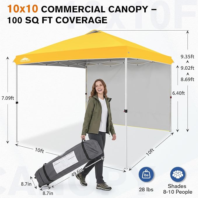 EAGLE PEAK Commercial Canopy 10x10 Pop Up Canopy Tent with 1 Sidewall, Easy Setup Heavy Duty Instant Event Shelter for Vendors & Markets, Outdoor Sun Shade, Yellow
