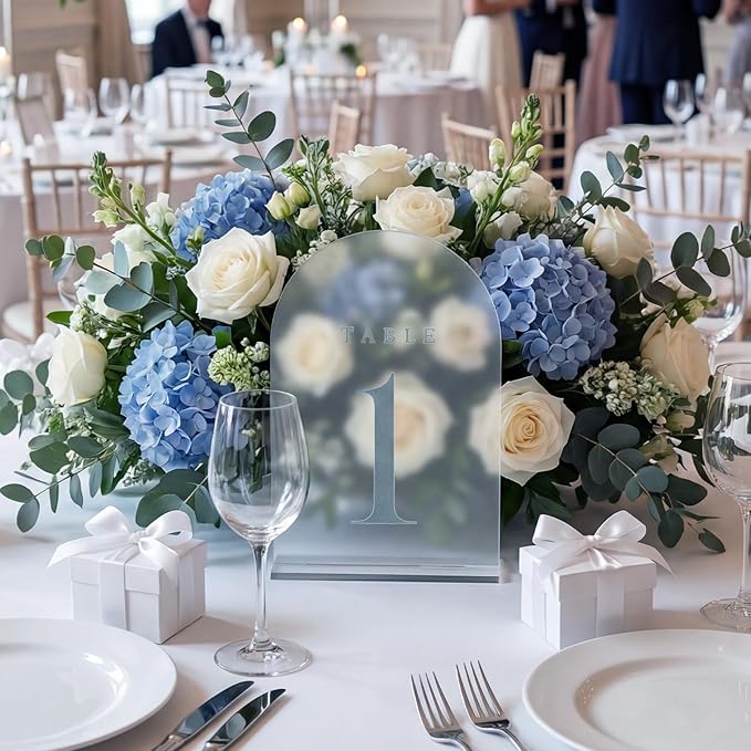 15 Pcs Frosted Arch Wedding Table Numbers with Stands 1-15, 5"x7" Acrylic Display Signs and Holders, Perfect for Centerpiece, Reception, Party, Anniversary, Banquet, Event (Dusty Blue)