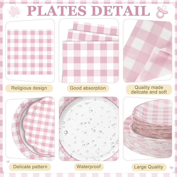 Funnymoom 250 Pcs Pink Gingham Paper Plates and Napkins Party Supplies Pink White Checkered Disposable Plaid Tableware Set Scalloped Dessert Plates for Wedding Bridal Shower Picnic Party Decorations