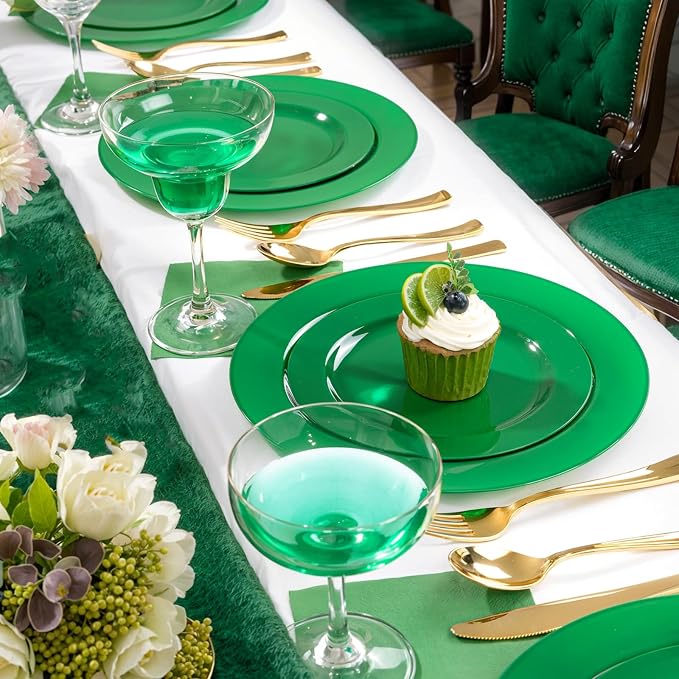 FLOWERCAT 60PCS Green Plates & St. Patrick's Day Plates - Heavy Duty Dark Green plates Disposable for Party&Event- Include 30PCS 10.25" Dinner Plates & 30PCS 7.5" Dessert Plates