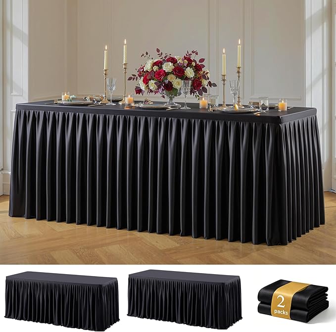 Black Polyester Table Cloths for Rectangle 4 Foot Tables, 2 Pack Wrinkle Free Tablecloths Stretchy Banquet Ruffle Fitted Table Cover Desk Skirt for Parties Wedding Birthday Baby Shower