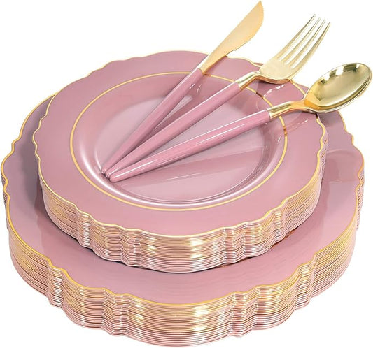 Nervure 100Pcs Mauve Pink Plastic Plates - Mauve Gold Plastic Dinnerware Sets for 20 Guests - 20 Dinner Plates, 20 Dessert Plates, 20 Forks, 20 Knives and 20 Spoons for Wedding & Party & Mother's Day