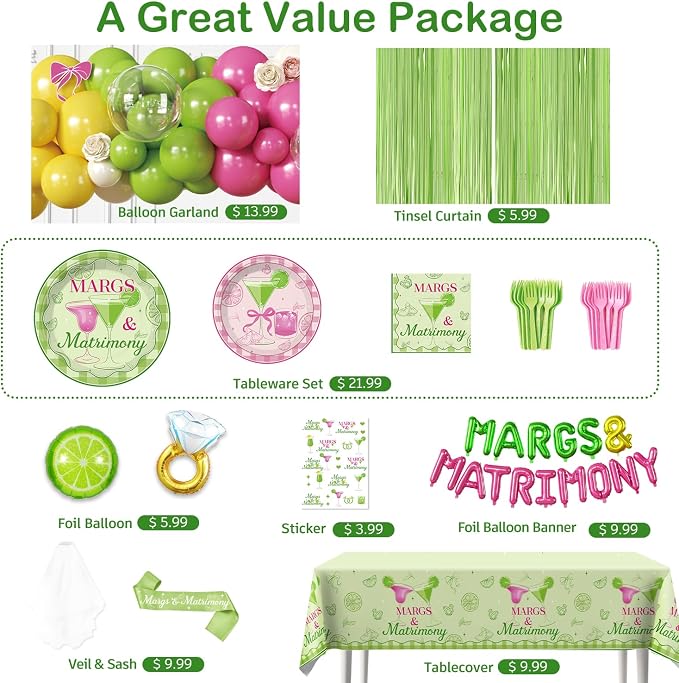 cocomigo 264pcs Margs and Matrimony Bachelorette for Bestie, Best Friend, Worry-free One-stop Set for 25 Guests, includes Balloon Arch Plates Tablecloth, Easy Setup for Margarita Bachelorette Party