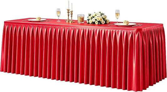 1 Pack Red Satin Tablecloths Rectangle 8FT, Glitter Spandex Fitted Stretch Table Covers Wrinkle-Free Floor Length Shimmer Table Skirt for Weddings Parties Baby Shower Banquets Vendor Events