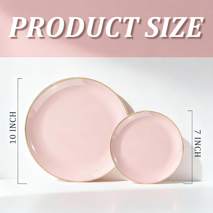 bUCLA 200PCS Pink Plastic Plates - Heavy Duty Pink Disposable with Gold Rim - Include 100 Each (10 inch Dinner & 7 inch Dessert) Plates, Ideal for Party & Wedding
