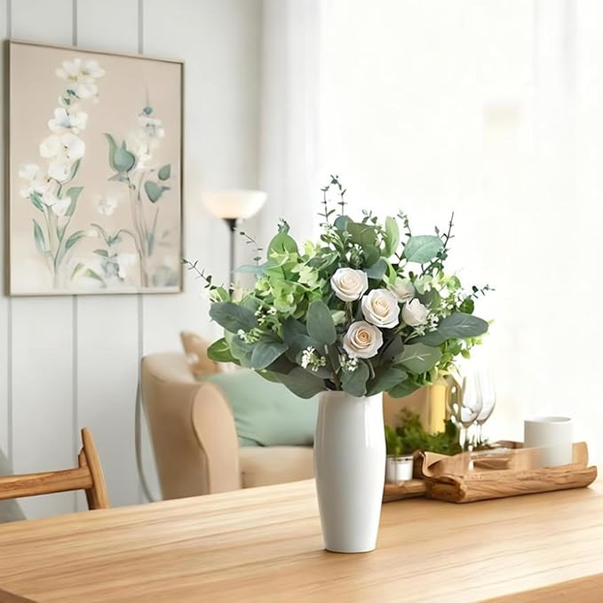Longer Size 60pcs Mixed Artificial Green Plants with Faux Eucalyptus Stems,Greenery Stems,White Roses Wedding Florals Artificial Flowers,Eucalyptus Garland for Decor