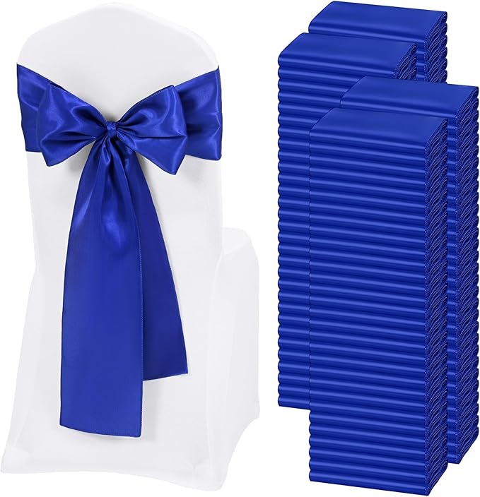 120 PCS Royal Blue Satin Chair Sashes, Ties Bows Designed Chairs Decorative, Chair Cover Sashes for Thanksgiving Wedding Christmas Banquet Party Home Kitchen Decoration (7 x 108 inch)