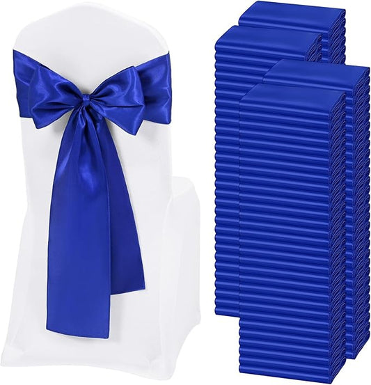 120 PCS Royal Blue Satin Chair Sashes, Ties Bows Designed Chairs Decorative, Chair Cover Sashes for Thanksgiving Wedding Christmas Banquet Party Home Kitchen Decoration (7 x 108 inch)
