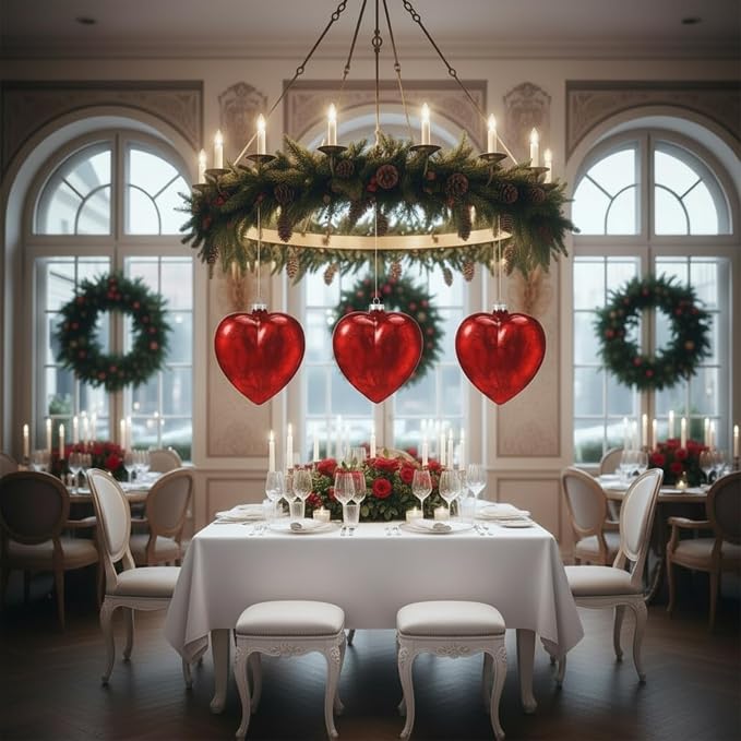 RattanView 12 Pack Red 5.12 inch Large Valentine Hanging Glass Hearts Valentine Heart Glass Ornament Heart Shaped Ornament Shiny Antique Romantic Love Shaped for Anniversary Wedding Hanging Tree Decor