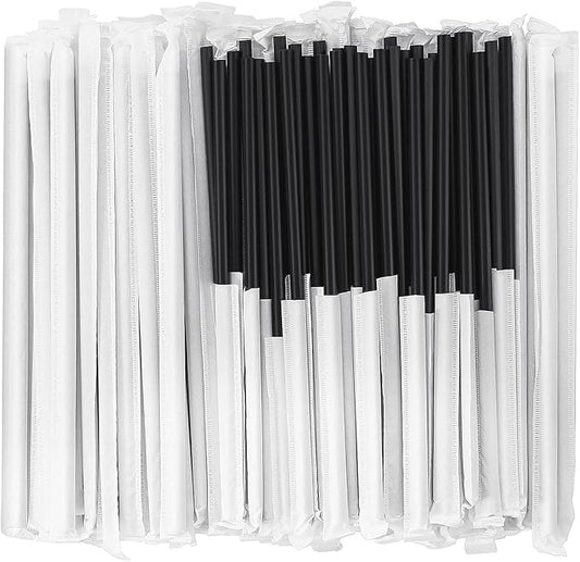 [100 Pcs] Biodegradable Compostable Individually Wrapped Straws - PLA Disposable Plant Based Black Straws (8.25" LongX0.23" Wide)