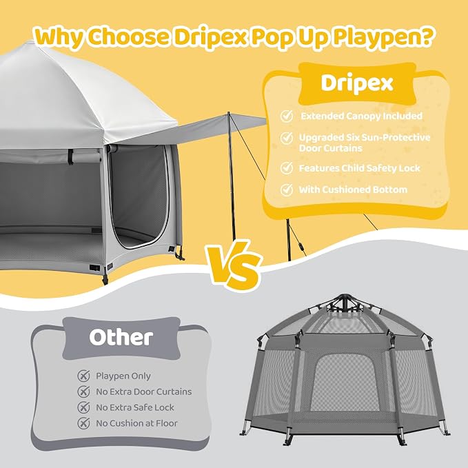 Dripex Upgraded Pop Up Playpen w/t 2-Side Canopy Extension & Built-in Pad,Quick Foldable Indoor/Outdoor Baby Playpen w/t One-Click Safe Lock,2-Side Roll-Up Door,Travel Pop and Go Beach Play Pen Grey