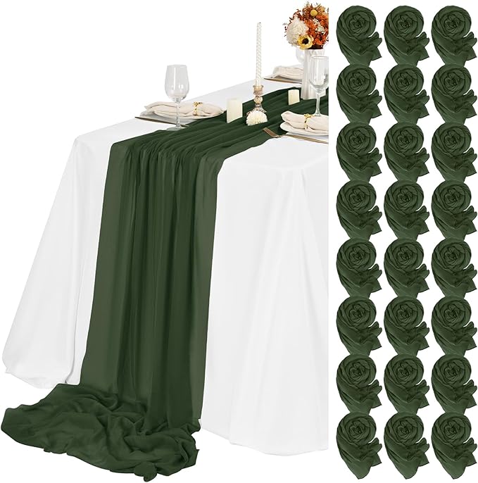 24 Packs Hunter Green Cheesecloth Table Runner,10ft Green Rustic Gauze Boho Wedding Table Runner Decoration, Wedding Table Decor Sheer Table Runner for Wedding Party Bridal Shower Table