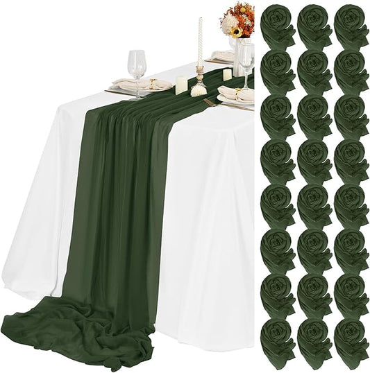 24 Packs Hunter Green Cheesecloth Table Runner,10ft Green Rustic Gauze Boho Wedding Table Runner Decoration, Wedding Table Decor Sheer Table Runner for Wedding Party Bridal Shower Table