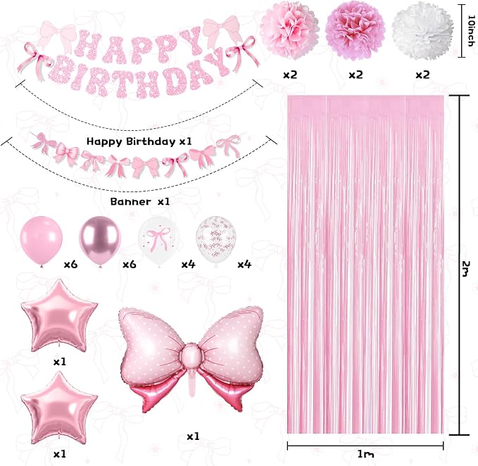 Pink Bow Birthday Party Supplies,Coquette Birthday Decorations,Include Pink and White Bow Balloons Happy Birthday Banner Fringe Curtain Tissue Paper Pompoms Garland