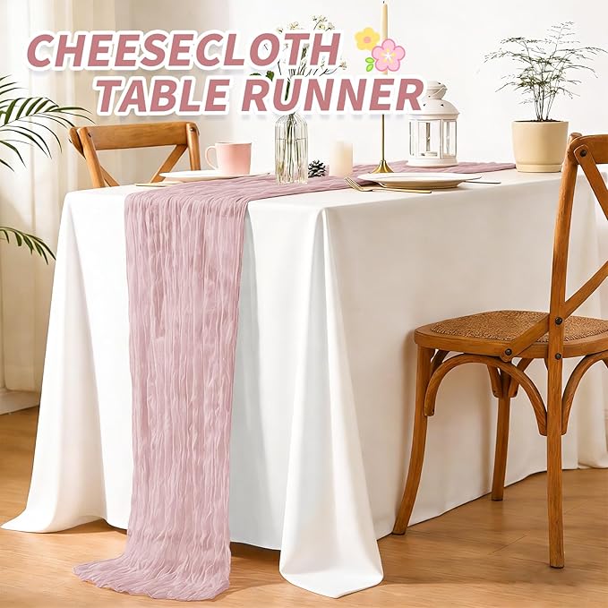6 Pack Dusty Pink Cheesecloth Table Runner, Long Romantic Semi Sheer Rustic Boho Gauze Table Runners for Wedding Bridal Shower Birthday Party Decorations(17.7×108 Inch)