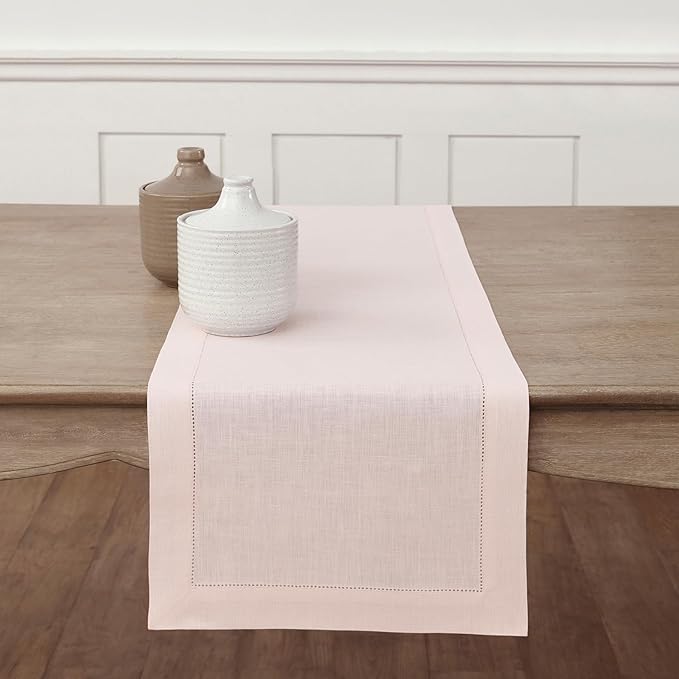 Solino Home Linen Pink Table Runner 132 Inches Long - 100% Pure Linen Extra Long Table Runner 14 x 132 Inch for Mothers Day, Spring, Summer - Classic Hemstitch