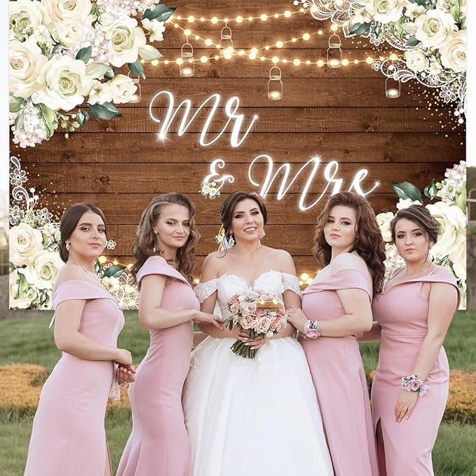 MEHOFOND 8x6ft White Floral Mr & Mrs Engagement Decorations Backdrop Couples Wedding Wooden Background Bride and Groom Engaged Ceremony Anniversary Bridal Shower Party Supplies Photobooth Props