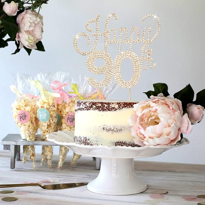 LINGTEER Happy 90th Birthday Gold Rhinestone Cake Topper - Cheers to 90th Birthday Ninety Years Old Anniversary Party Cake Centerpieces Topper Decorations Gift Sign.