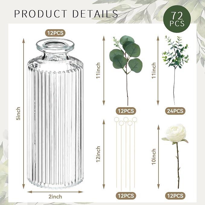 Threehoney 12 Set Artificial Flowers with Vases and Table Number Holder 12 Glass Bud Vases 48 Fake Plants and 12 Card Holder Picks Flower Table Centerpieces DIY for Wedding Home Dining Party Decor