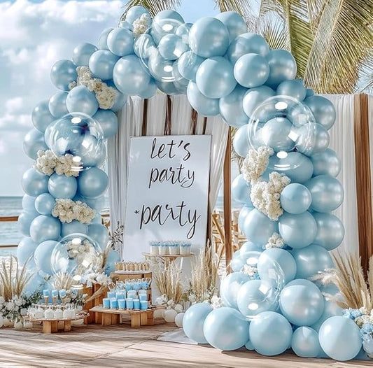 Pearl Blue Balloon Arch Double Stuffed Pastel Light Baby Blue Balloon Garland Kit Different Sizes With Clear Balloons for Birthday Wedding Bridal Baby Shower Anniversary Engagement Party Decor