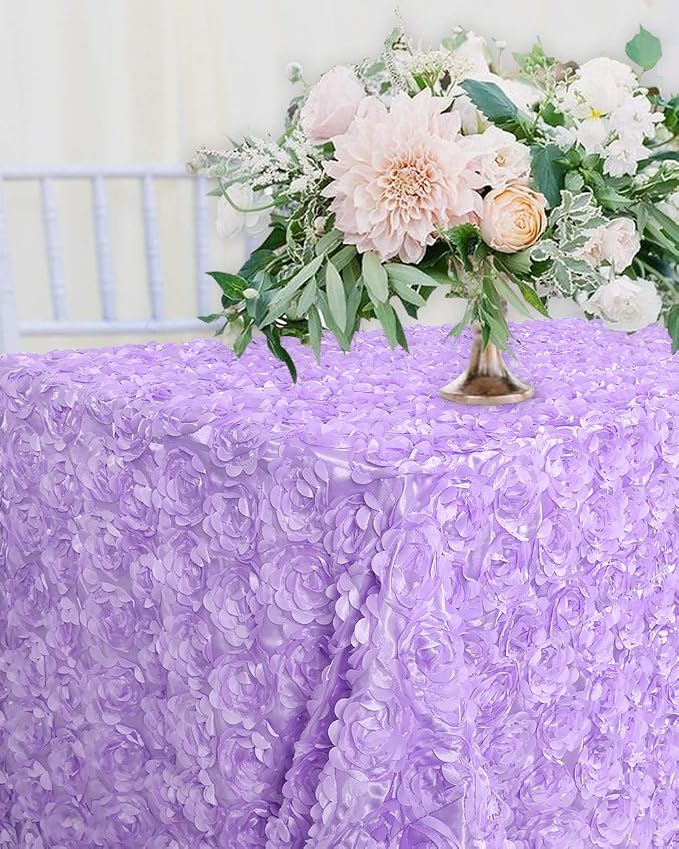 Fanqisi 3D Floral Satin Tablecloth Rectangular Lavender Table Cover 90x156 Inches Rosette Table Cloth for Birthday Party Decorations