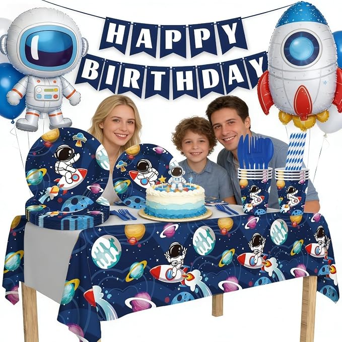 Outer Space Birthday Party Supplies Serve 20 Space Party Tableware Set, Happy Birthday Banner Tablecloth Paper Plates Cups Napkins Knives Forks Spoons for for Astronaut Theme Party Supplies